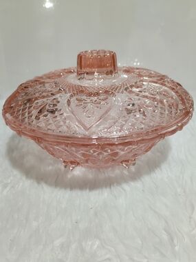 Pink Pressed Glass Covered Candy Dish